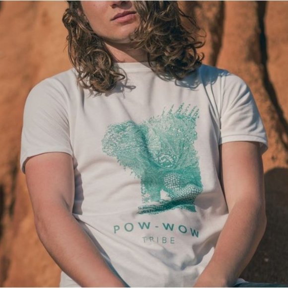 POW WOW Tribe Tan Through T-Shirt Green Logo - Picture 2 of 5